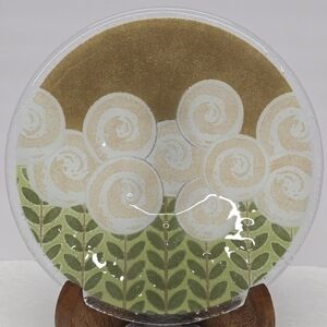 Peggy Karr Art Glass Abstract Floral Plate Beige Green Rare Vintage 2004 Cottage